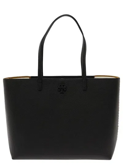 Tory Burch 'mcgraw' Black Tote Bag Wit Double T Detail In Grainy Leather Woman