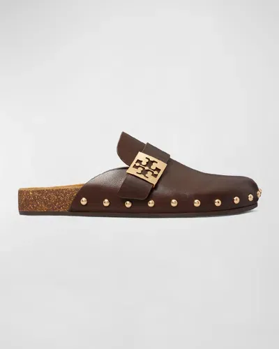 Tory Burch Mellow Leather Buckle Slide Mules In Deep Mocha  Gold