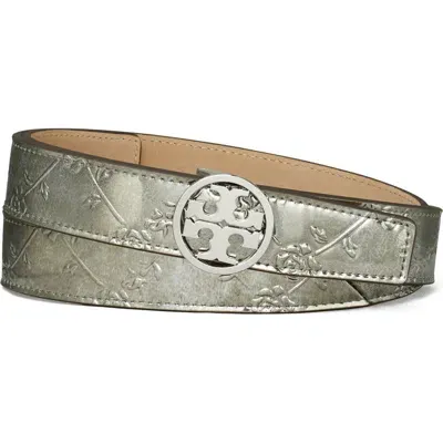 Tory Burch Miller Floral Embossed Metallic Leather Belt In Pewter