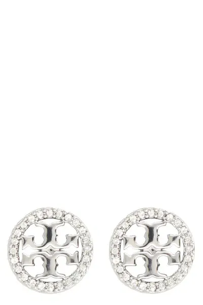 Tory Burch Miller Logoed Earrings In Silver