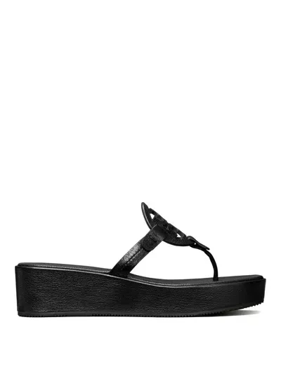 Tory Burch Miller Wedge Thong Sandals In Black