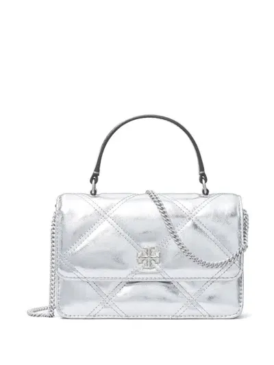 Tory Burch Mini Kira Quilted Leather Tote Bag In Silver