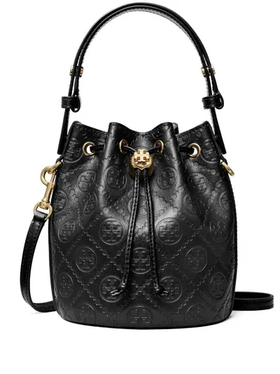 Tory Burch Mini T Monogram Leather Bucket Bag In Black