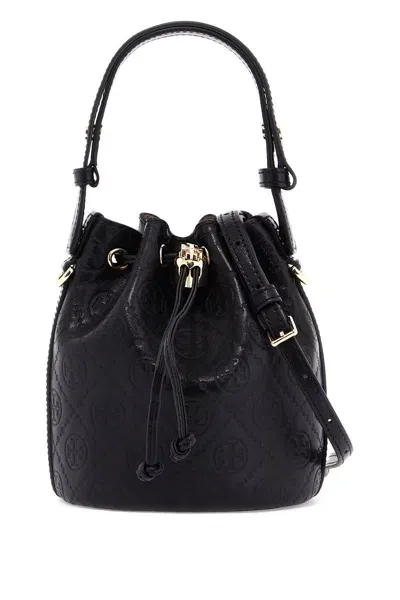 Tory Burch Mini T Monogram Leather Bucket Bag In Black