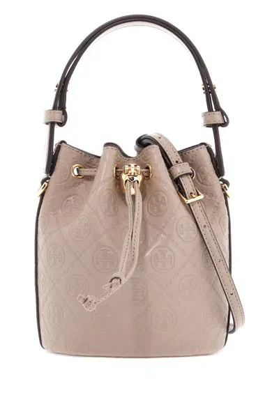 Tory Burch Mini T Monogram Leather Bucket Bag In Neutro