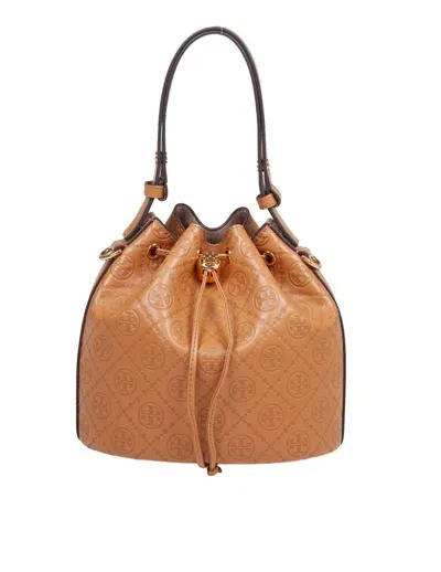 Tory Burch Monogram Leather Bucket Bag In Brown