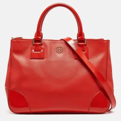 Pre-owned Tory Burch Orange Patent And Leather Large Robinson Double Zip Tote