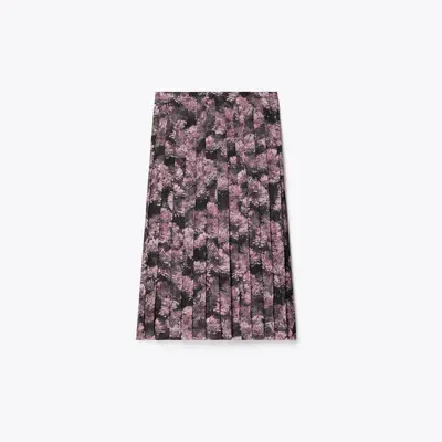 Tory Burch Printed Pleated Silk Skirt In Pink Pixel Floral