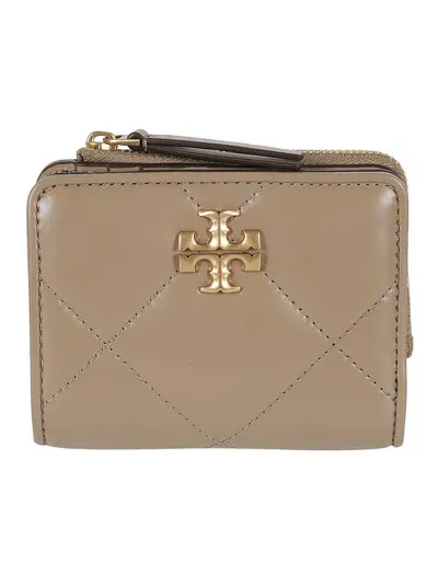 Tory Burch Quilted Buttoned Wallet In Taupe Oak