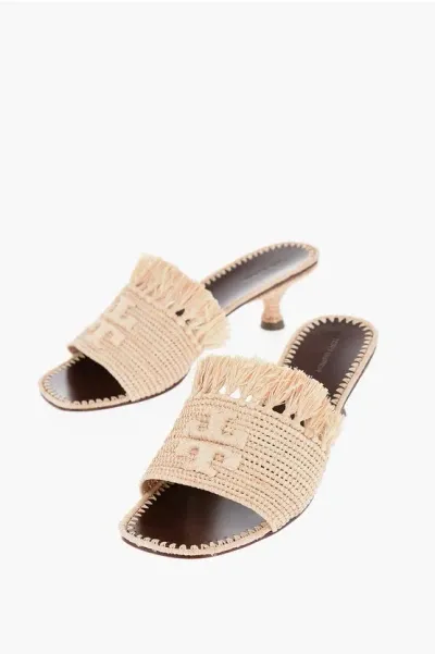 Tory Burch Raffia Eleanor Mules With Embossed Logo In Gold