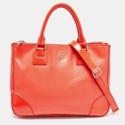 Pre-owned Tory Burch Red Patent And Leather Large Double Zip Robinson Tote