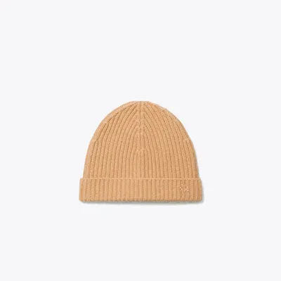 Tory Burch Ribbed Knit Cashmere Beanie In Camel