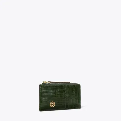 Tory Burch Robinson Crosshatched Zip Card Case In Dark Everglade