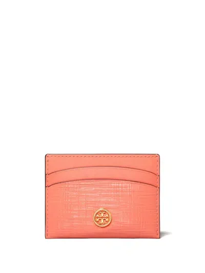 Tory Burch Robinson Leather Card Case In Coral Crush/gold