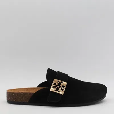 Tory Burch Mellow Suede Buckle Slide Mules In Black