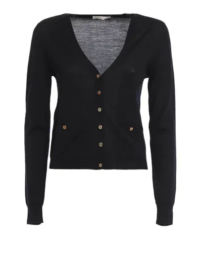 Tory Burch Simone Merino Wool Cardigan In Negro