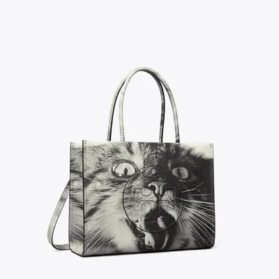 Tory Burch Small Ella Bio Cat Print Tote In Gray Cat Portrait