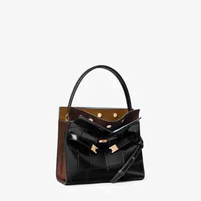 Tory Burch Small Lee Radziwill Croc-embossed Double Bag In Black