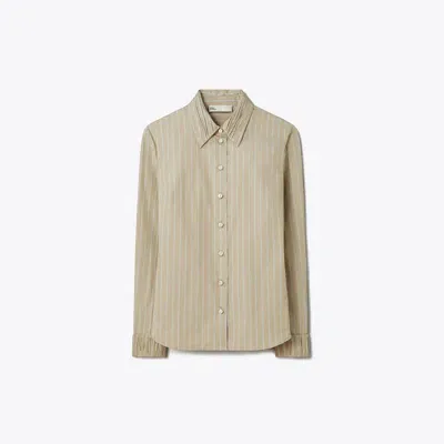 Tory Burch Striped Poplin Shirt In Taupe/green