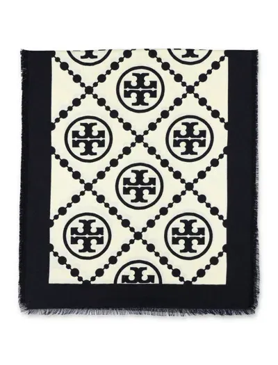 Tory Burch T Monogram Bordered Oblong Scarf In Black