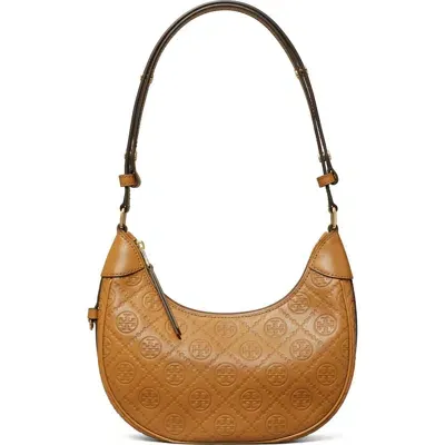 Tory Burch T-monogram Embossed Crescent Shoulder Bag In Tan