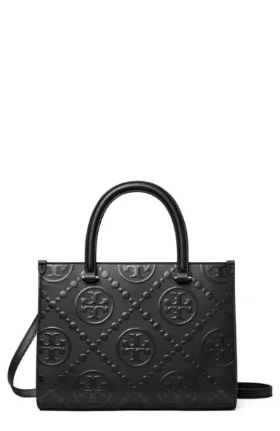 Tory Burch T Monogram Embossed Jacquard Square Tote In Black/gold