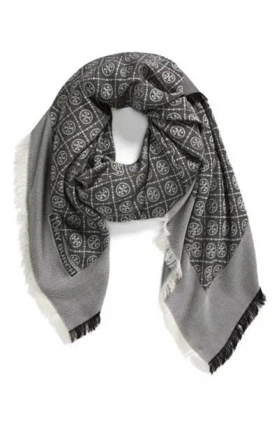 Tory Burch T-monogram Jacquard Wool & Silk Square Scarf In Gray