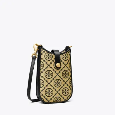 Tory Burch T Monogram Raffia Phone Crossbody In Black