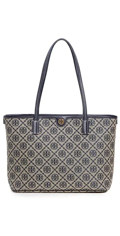 Tory Burch Small T Monogram Cotton Zip Tote Bag In Navy