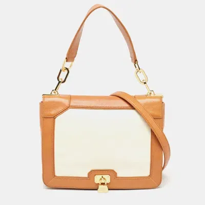 Pre-owned Tory Burch Tan/off White Leather Lock Flap Shoulder Bag