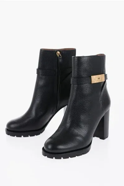 Tory Burch Textured Leather Ankle Boots With Strap In Black