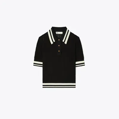 Tory Sport Tory Burch Cotton Pointelle Polo In Black/new Ivory