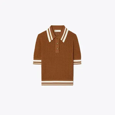 Tory Sport Tory Burch Cotton Pointelle Polo In Cinnamon Sugar/new Ivory