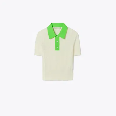 Tory Sport Tory Burch Cotton Pointelle Polo Sweater In New Ivory/vibrant Green