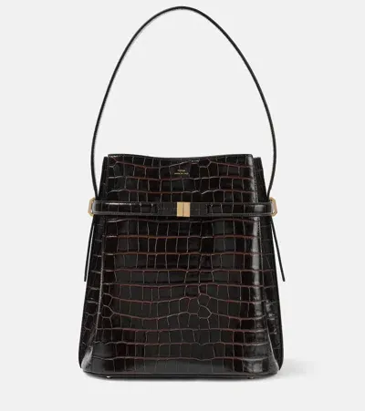 Totême Belted Croco-embossed Bucket Bag Dark Brown