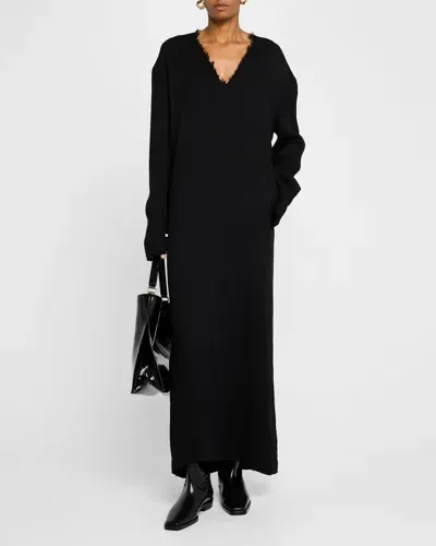 Totême Fringed V-neck Long-sleeve Maxi Dress In Black