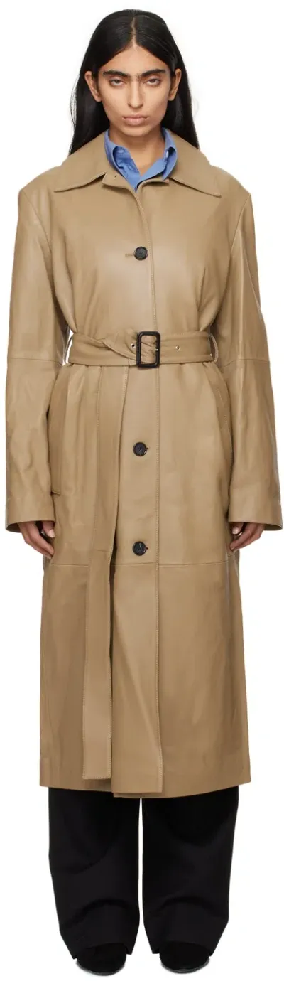 Totême Tan Belted Long Leather Coat In Truffle 235