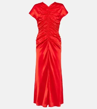 Tove Aubree Short-sleeve Ruched Silk Midi Dress In Red