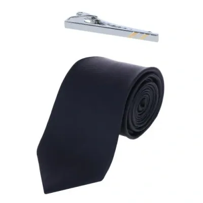 Trafalgar Sutton Silk Neck Tie & Rhodium And Gold Tie Bar Set In Black