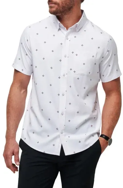 Travismathew Olive Branch Geo Print Short Sleeve Button-up Shirt In Total Eclipse