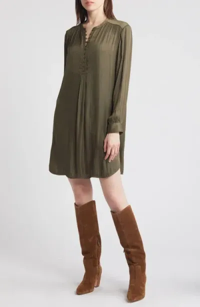 Treasure & Bond Button Front Long Sleeve Satin Dress In Olive Kalamata