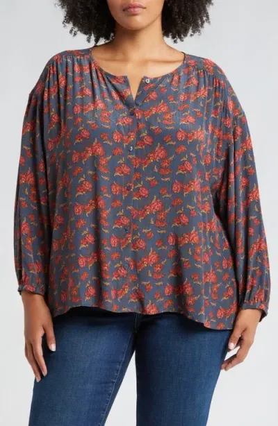 Treasure & Bond Floral Button-up Top In Navy- Rust Wander Floral