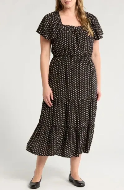 Treasure & Bond Floral Flutter Sleeve Dress In Black- Beige Sades Petals