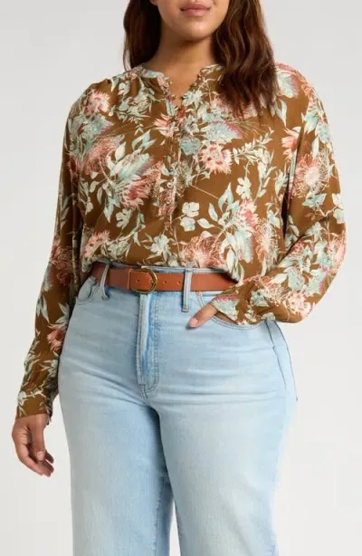 Treasure & Bond Floral Print Long Sleeve Top In Brown Jessa Floral