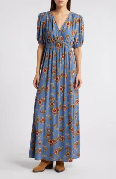 Treasure & Bond Floral Surplice V-neck Maxi Dress In Blue- Pink Wander Floral