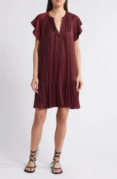 Treasure & Bond Flutter Sleeve Satin Dress In Burgundy Tannin