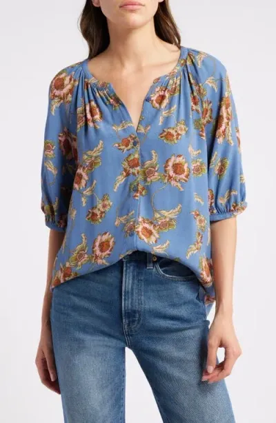 Treasure & Bond Gathered Flowy Top In Blue/pink Wander Floral