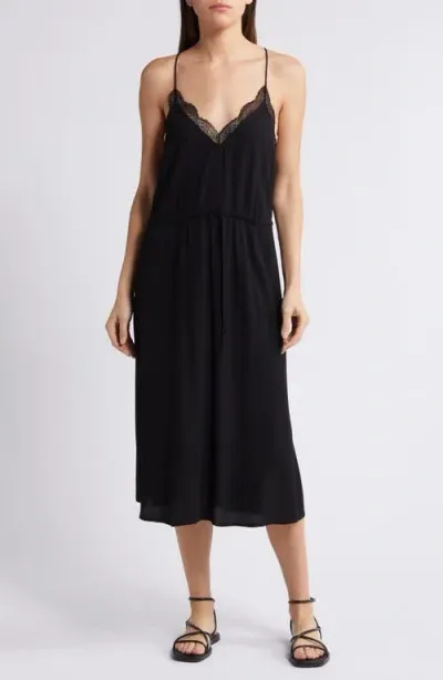 Treasure & Bond Lace Trim Drawstring Waist Slipdress In Black