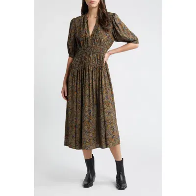 Treasure & Bond Puff Sleeve Drop Waist Midi Dress In Olive- Blue Tawny Toile