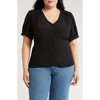 Treasure & Bond Scallop Trim Button-up Top In Black